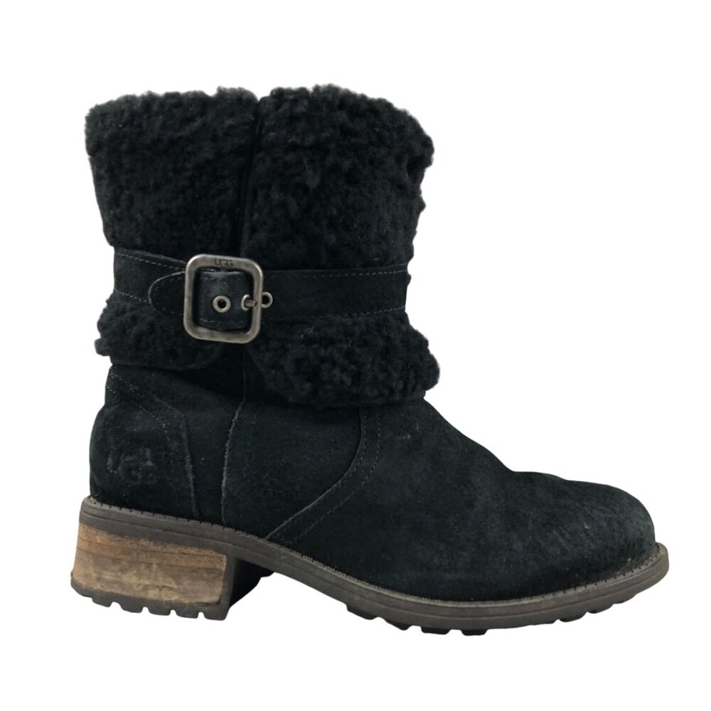 UGG Women's Size 5** Blayre Black Leather Shearling Side Zip Buckle Boots